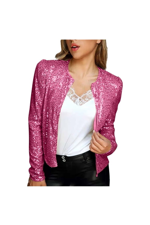 Women Sequin Jacket Cropped Long Sleeve Sparkly Shrug Clubwear Glitter Open Front Short Jackets