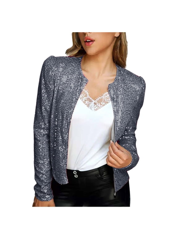 Women Sequin Jacket Cropped Long Sleeve Sparkly Shrug Clubwear Glitter Open Front Short Jackets
