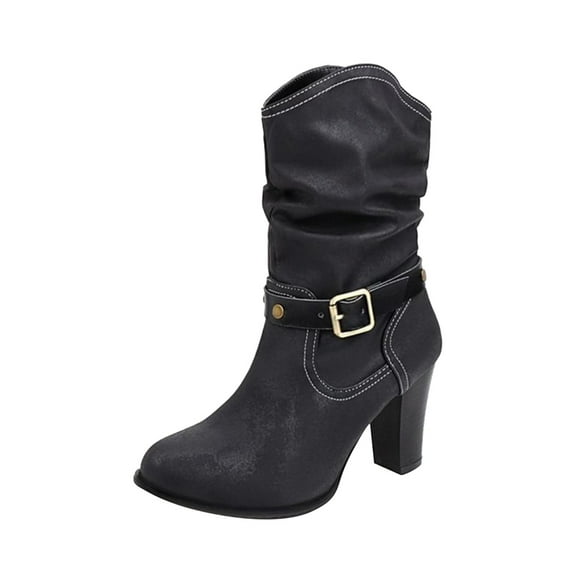 jsaierl Women Shoes Fashion Belt Buckle Solid Color Anti-skid Square High Heels Casual Warm Wear-resistant Slip-on Fleece Cowboy Boots