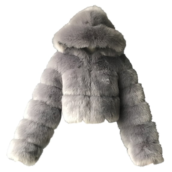 jsaierl Women Short Faux Hooded Warm Faux Furry Splicing Jacket Long Sleeve Outerwear
