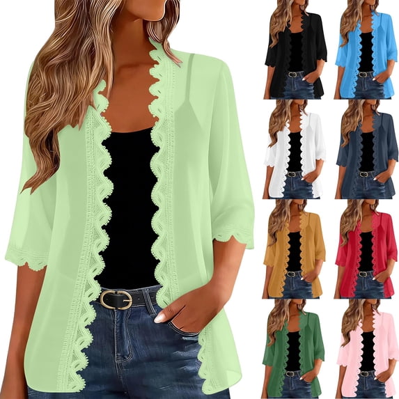 Jsaierl Women Vintage Lace Trim Chiffon Cardigan, Open Front Scallop Edge Sheer Kimono, Delicate Lightweight Cover Up for Party Bridal Beach Resort Wear