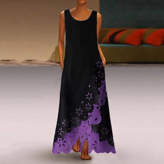 jsaierl Women Sleeveless Print Round Neck Long Maxi Dress Beach Shirt Dresses for women 2025