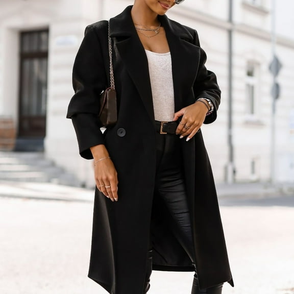 jsaierl Women Trench Coat Long Sleeve Pea Coat Open Front One Button Wool Blend Solid Long Jacket Overcoat Outwear