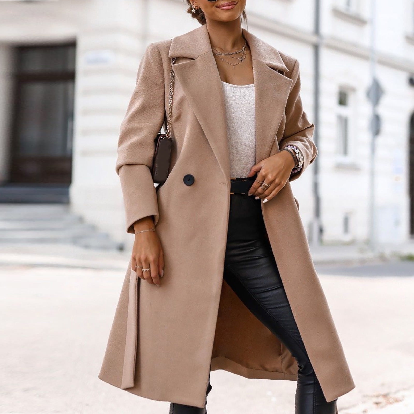 jsaierl Women Trench Coat Long Sleeve Pea Coat Open Front One Button Wool  Blend Solid Long Jacket Overcoat Outwear 