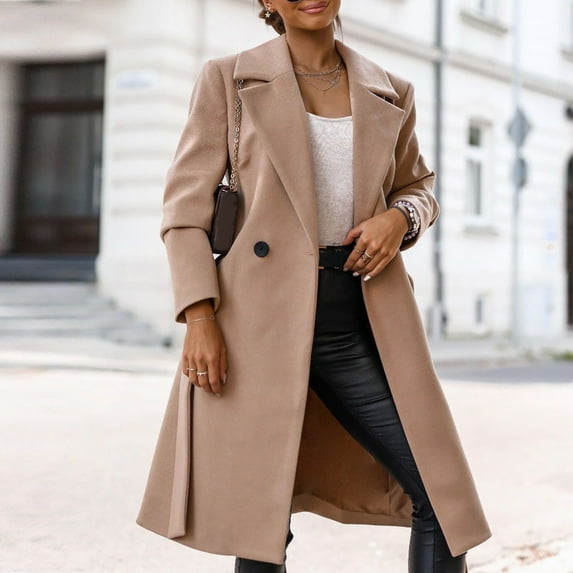 jsaierl Women Trench Coat Long Sleeve Pea Coat Open Front One Button Wool Blend Solid Long Jacket Overcoat Outwear