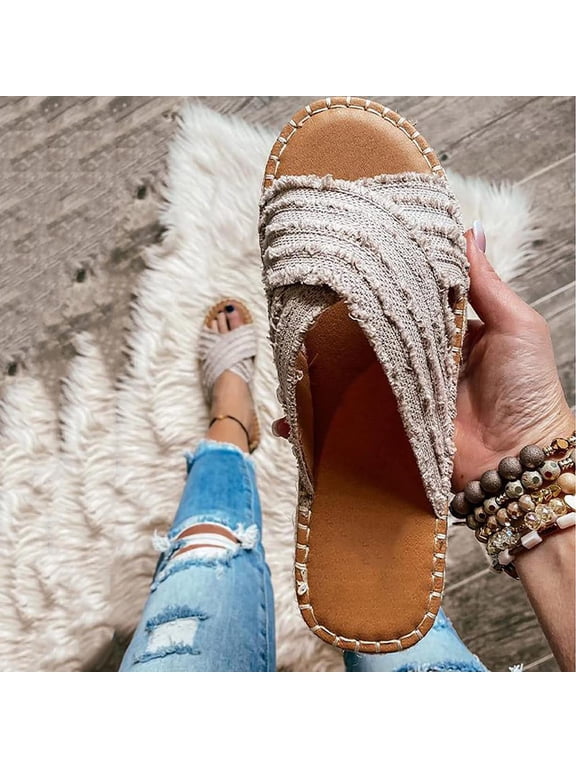 Women Vintage Beach Slides Platform Espadrille Sandal Cross Strap Frayed Distressed Denim Backless Sandals