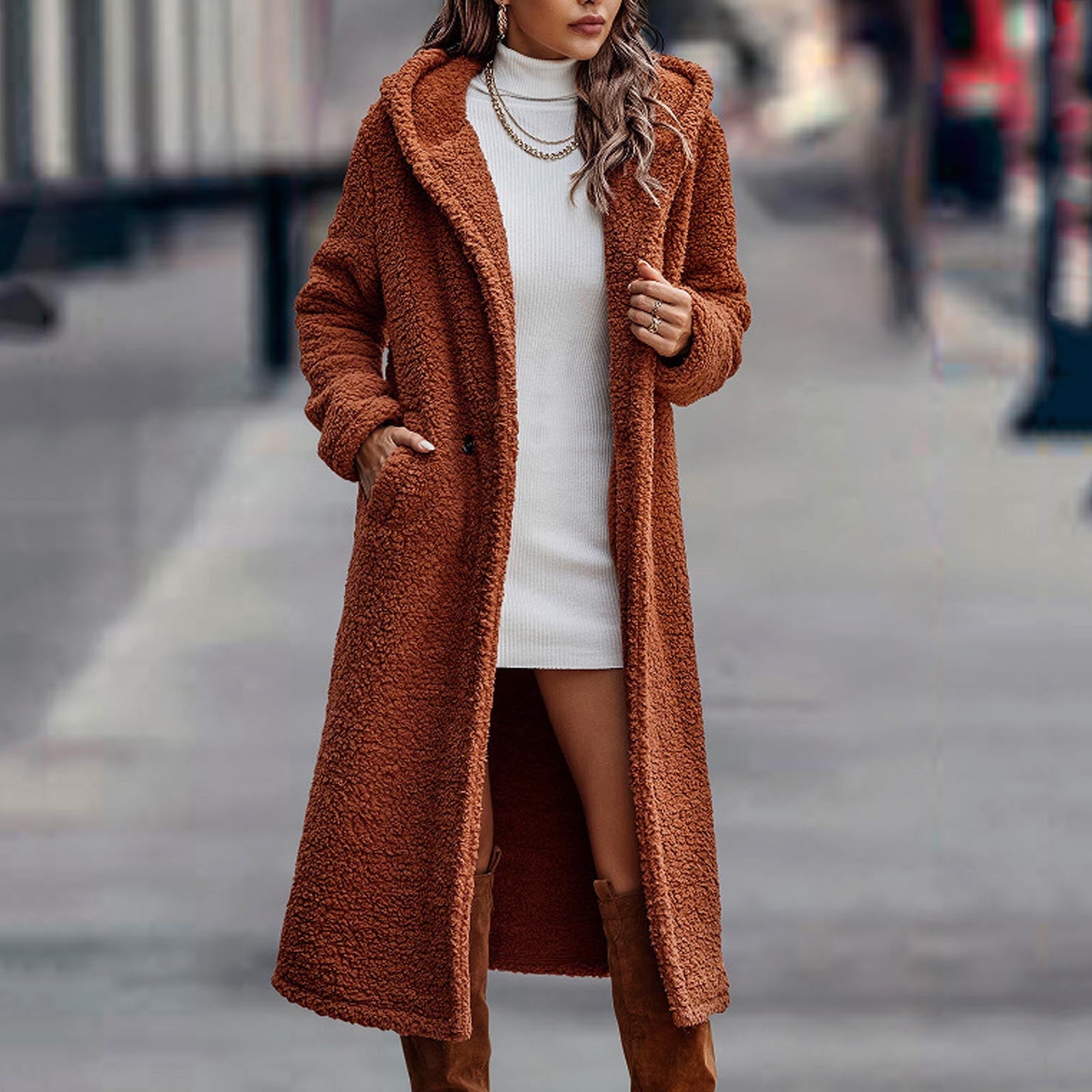 jsaierl Women's 2024 Winter Coats Fuzzy Fleece Long Hooded Jackets Button Down Faux Fur Warm Outwear with Pockets