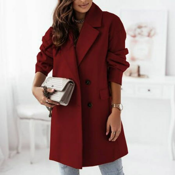 jsaierl Women's Basic Essential Double Breasted Mid-Long Wool Blend Pea Coat Trench Jacket Winter Apparel