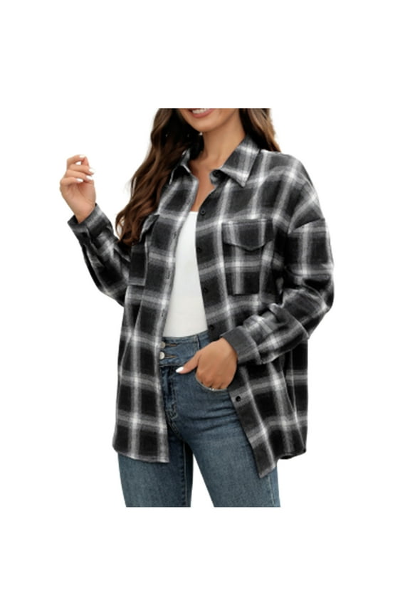Women's Button Down Flannel Shirts Plaid Shacket Long Sleeve Collared Jacket Coats with Chest Pockets