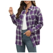 jsaierl Women's Button Down Flannel Shirts Plaid Shacket Long Sleeve Collared Jacket Coats with Chest Pockets