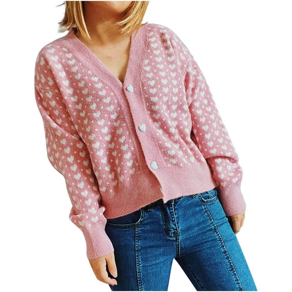 jsaierl Women's Button Down V Neck Crop Tops Heart Print Knit Cardigan Sweater Outwear