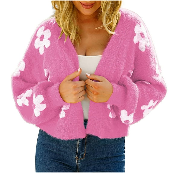jsaierl Women's Cardigan Sweaters Daisy Print Knit Open Front Crop Cardigans Long Sleeve Sweater Outwear Tops for Women