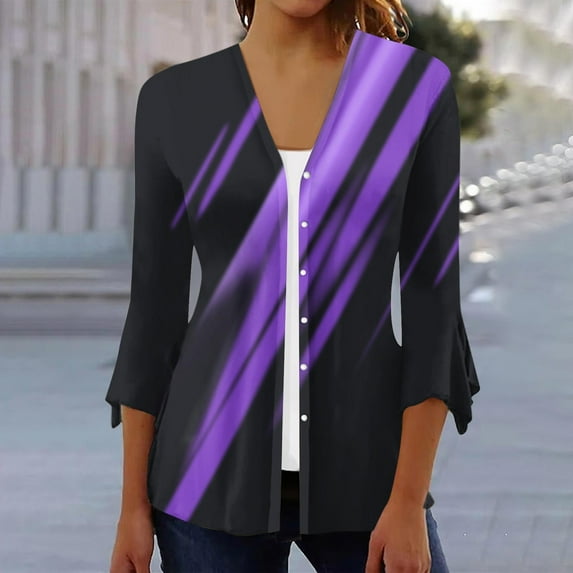 jsaierl Women's Casual 3/4 Sleeve Cardigans 2024 Summer Fashion Open Front Cardigan Coat Plus Size Cardigan Striped Print Soft Tops