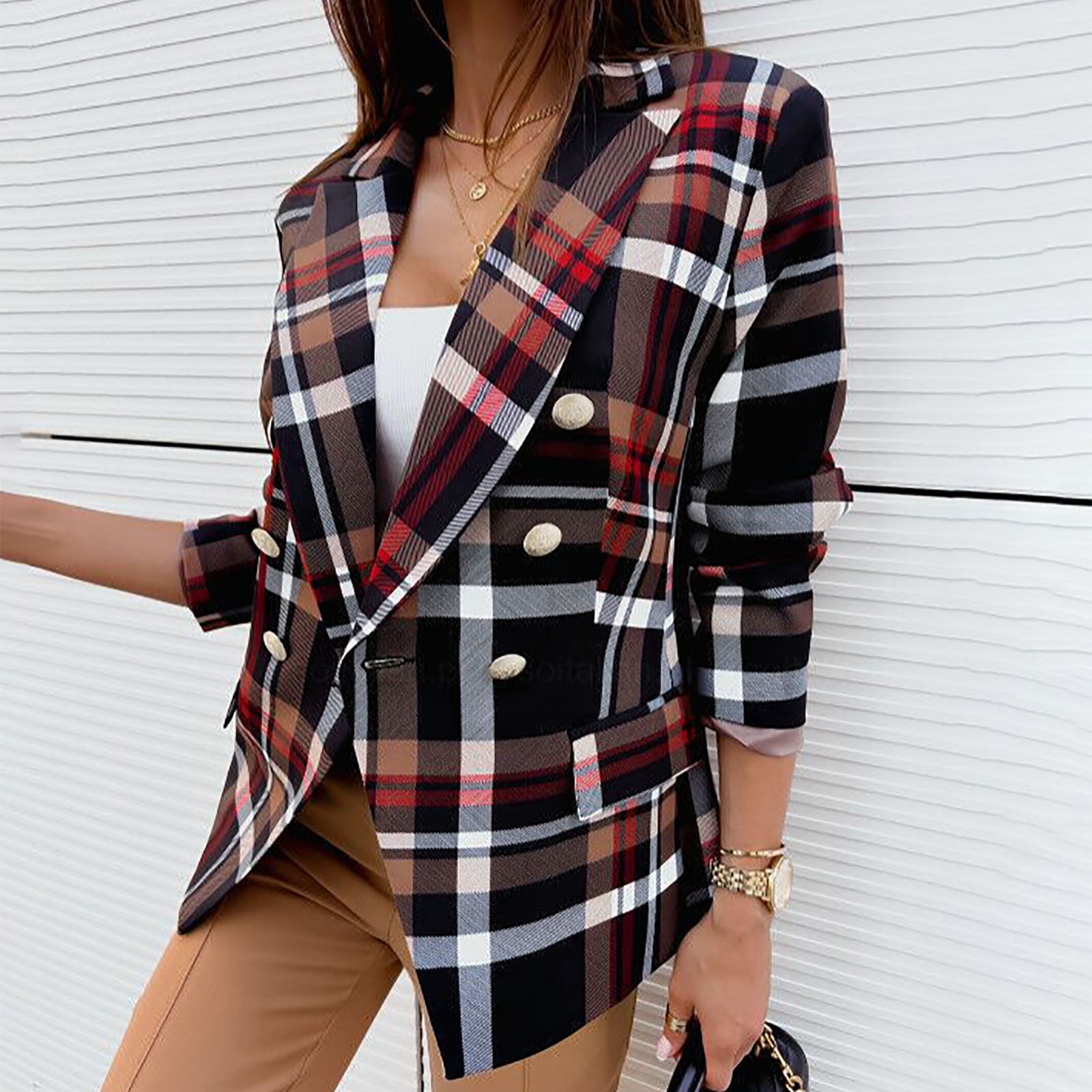 Office Check Ruched Sleeve Plaid Blazer main image 1
