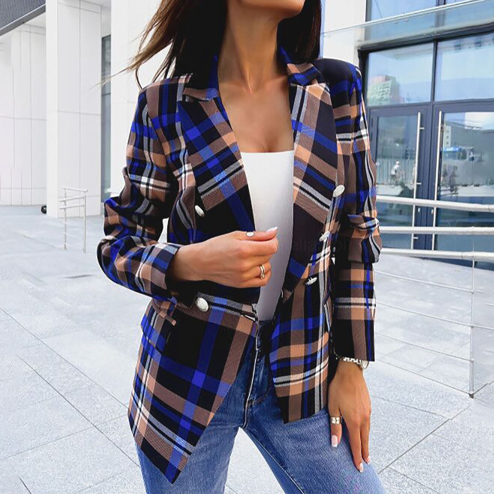 jsaierl Women's Casual Check Plaid Slim Fit Lapel Buttons