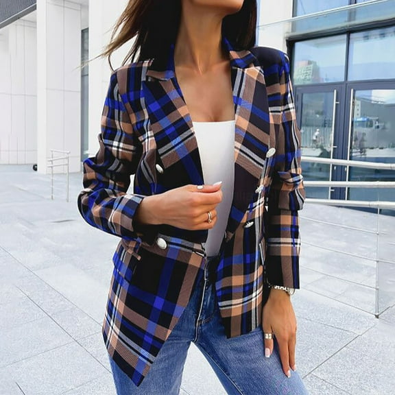 jsaierl Women's Casual Check Plaid Slim Fit Lapel Buttons Work Office Blazer Suit Cardigan Jacket Coat Top