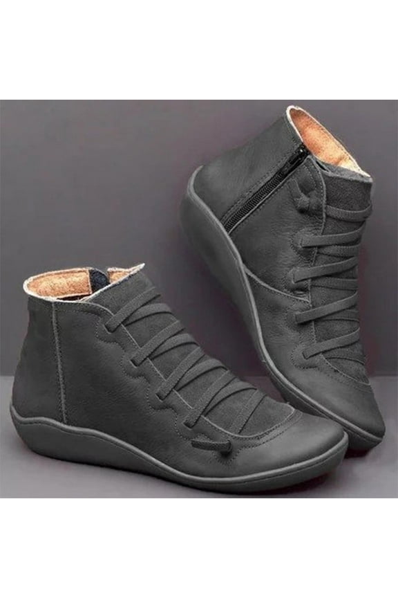 Women's Casual Flat Retro Lace-up Boots Side Zipper Round Toe Shoe Boots