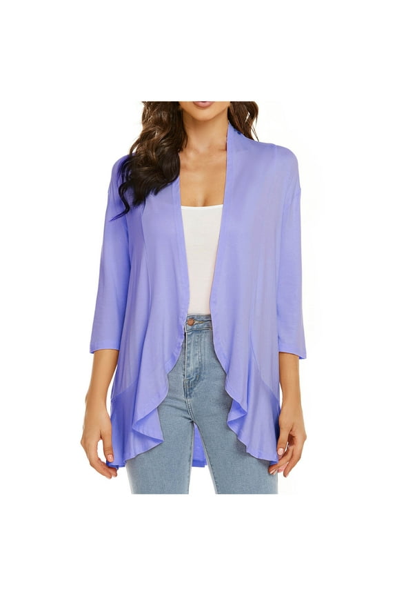 Women's Casual Lightweight Open Front Cardigans Soft Draped Ruffles 3/4 Sleeve Fall Cardigan for Women (S-3XL)