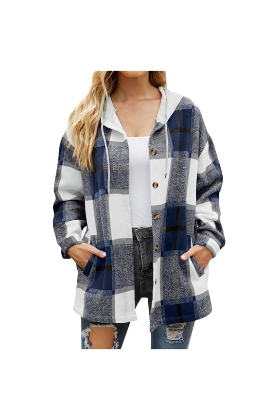 Women’s Casual Plaid Hooded Shacket Flannel Drawstring Jacket Button Down Shirt Hoodie with Pocket
