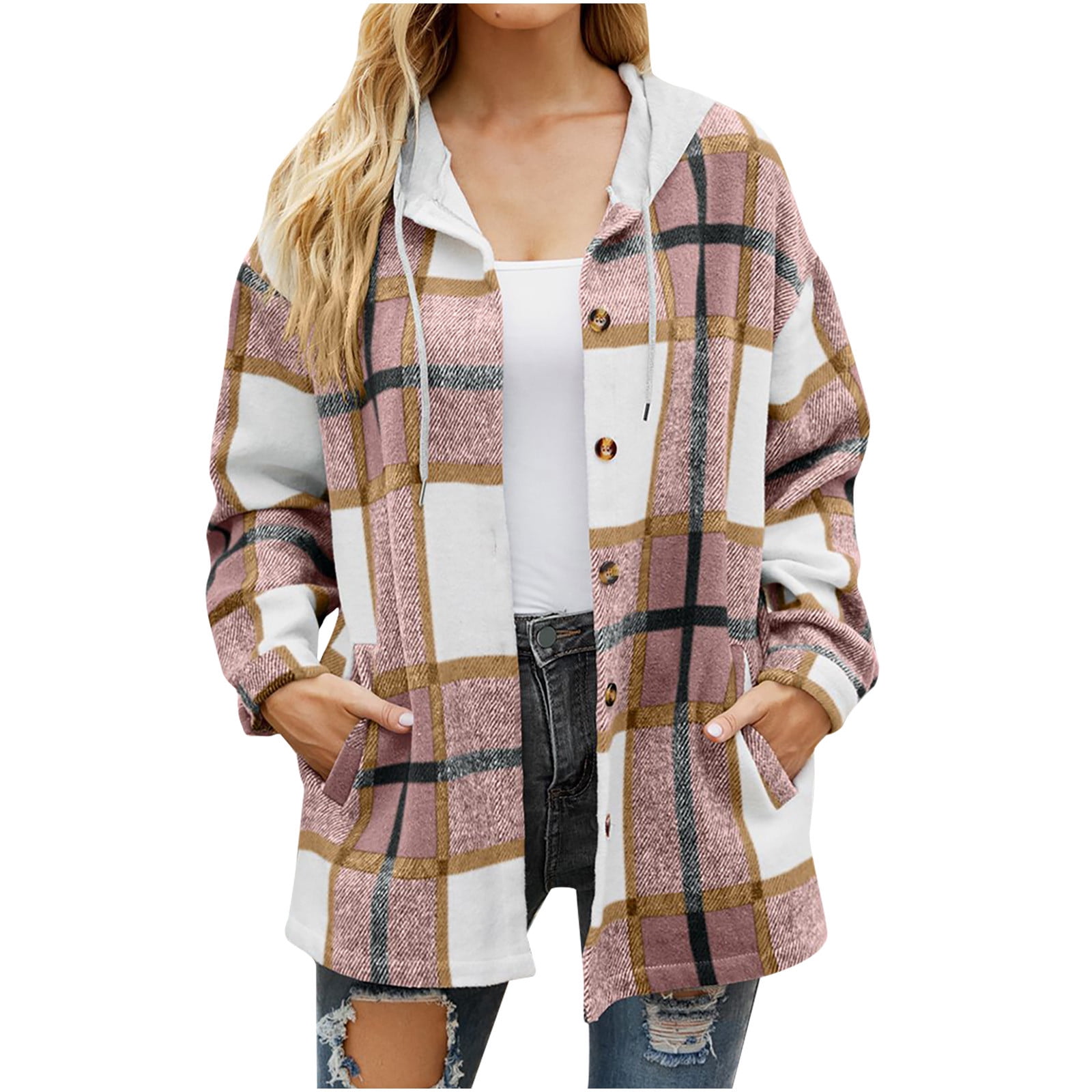 Button Down Plaid Hoodie Jacket