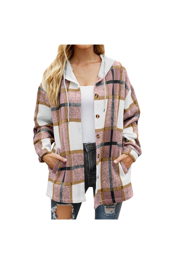 Women’s Casual Plaid Hooded Shacket Flannel Drawstring Jacket Button Down Shirt Hoodie with Pocket