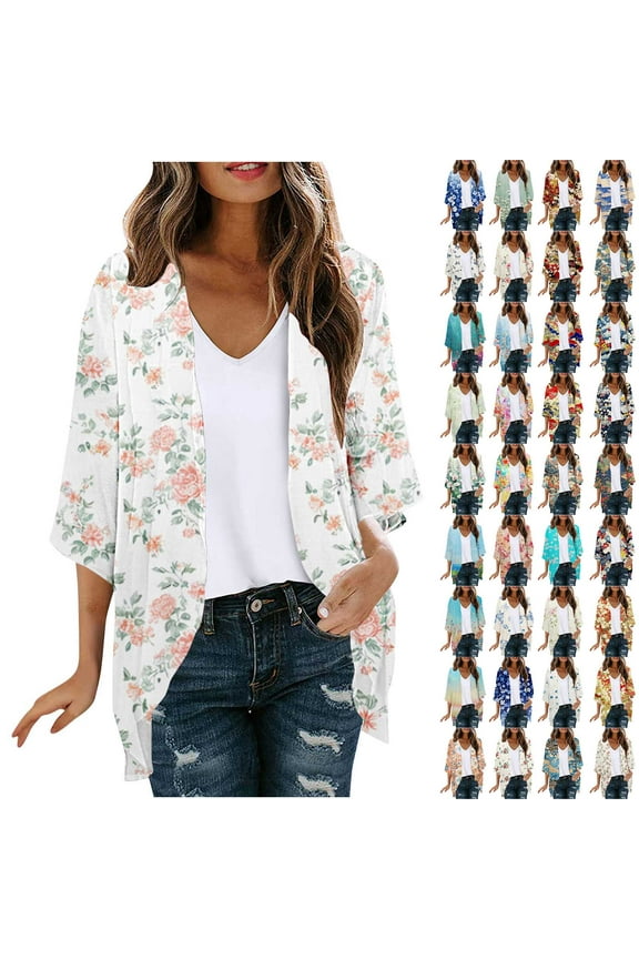 Women's Chiffon Casual Lightweight Open Front Cardigans Soft Draped Ruffles 3/4 Sleeve Cardigan