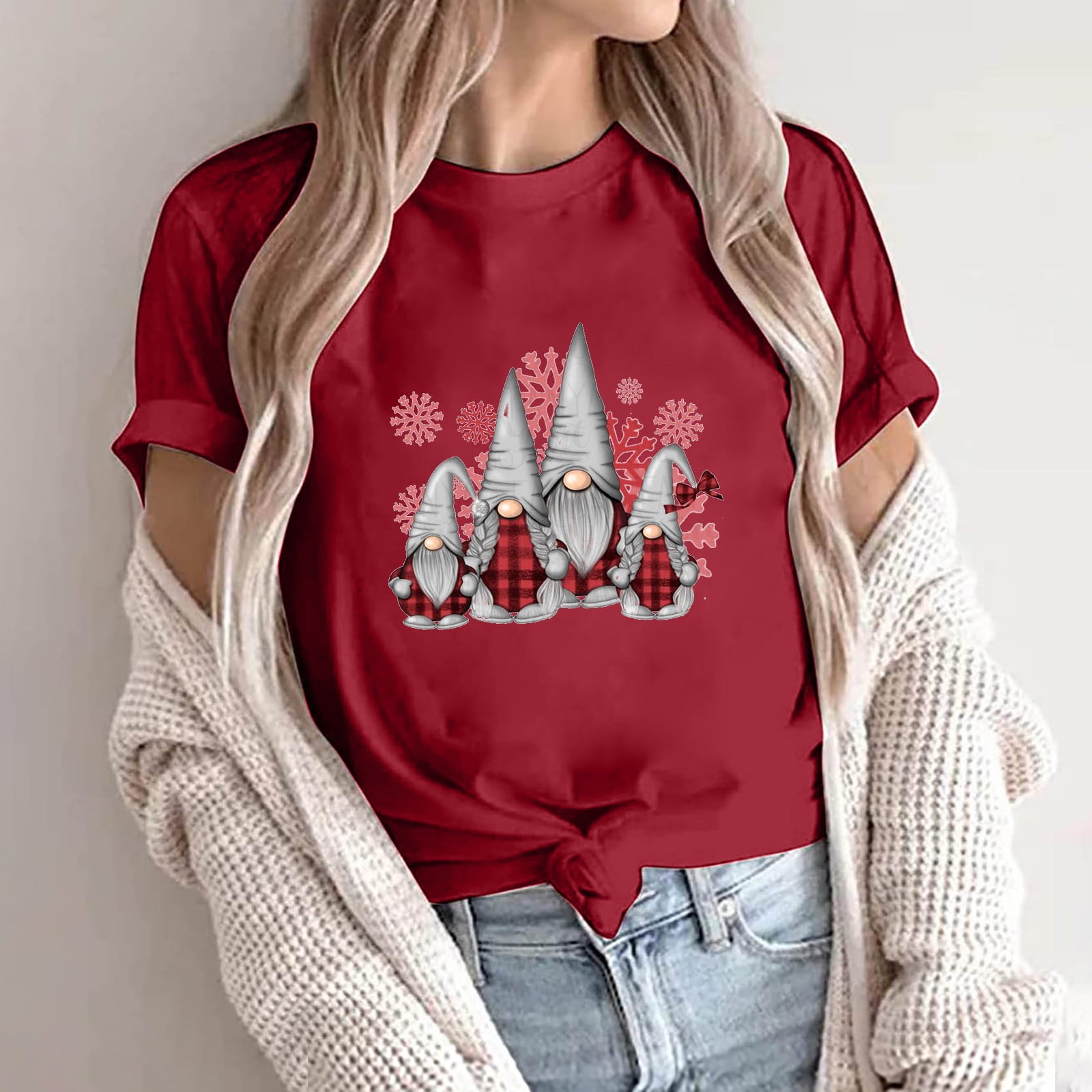 jsaierl Women's Christmas Shirts Short Sleeve Gnomes Graphic Tops