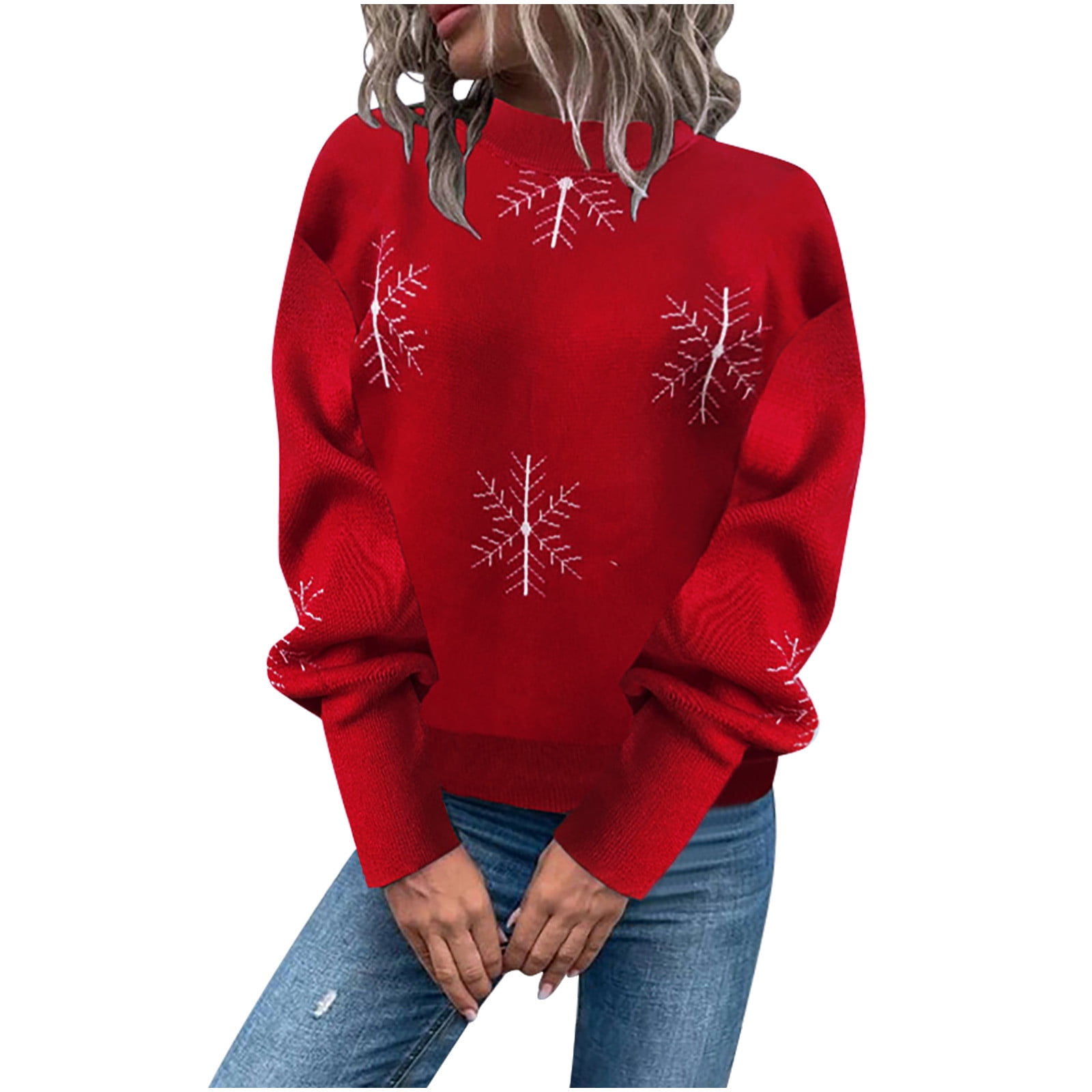 JVERF Women's Cute Snowflake Graphic Sweatshirt - Long Sleeve Crewneck Pullover, Winter Comfy Holiday Sweater, Wine Red