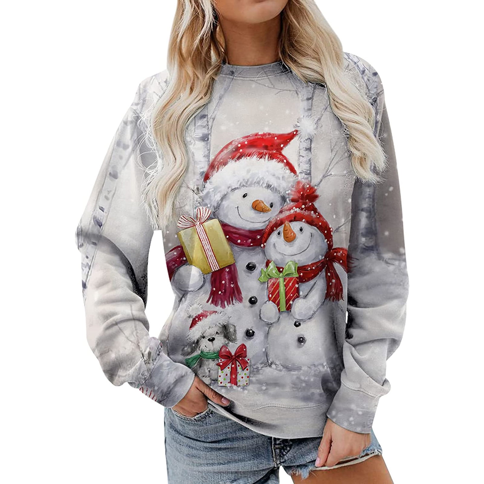 jsaierl Women's Christmas Sweatshirts Long Sleeve 3D Snowman Graphic