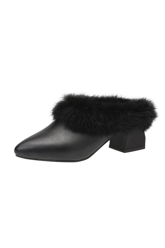 Women's Chunky Heels Shoes Pointed Toe Leather Shoes with Soft Faux Fur - Ladies Office Work Mules