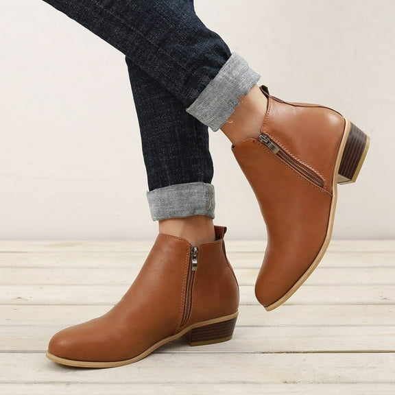 jsaierl Women's Classic Ankle Boots Slip on Chunky Heel Boots Comfort Leather Platform Booties