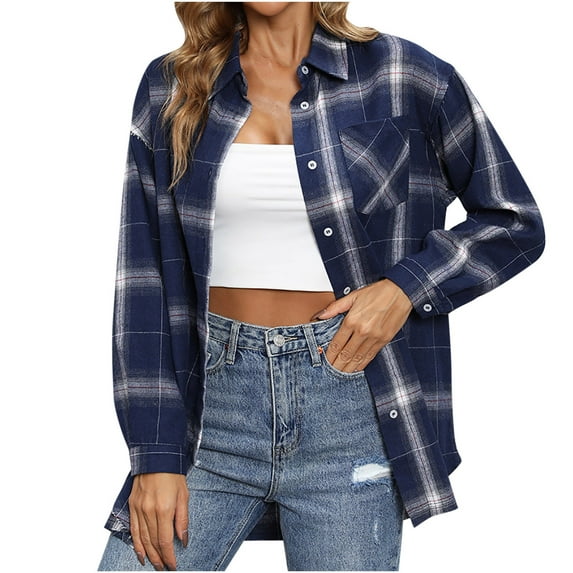 jsaierl Women's Classic-Fit Long-Sleeve Lightweight Plaid Flannel Shirt Tartan Lapel Button Down Jacket Shirt with Chest Pocket
