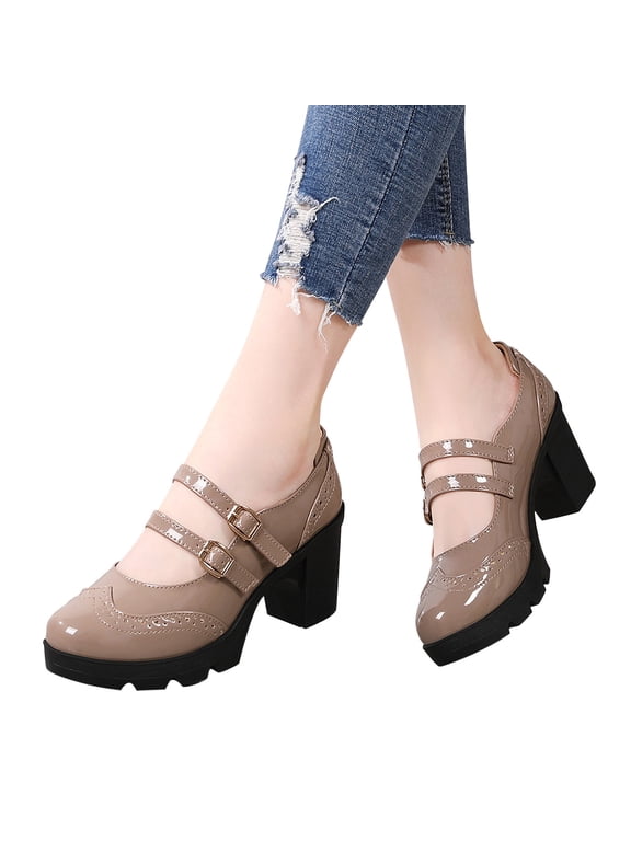 Women's Classic Oxfords Heels Two-Strap Dress Shoes Chunky Mid-Heel Square Toe Leather Pump Shoes