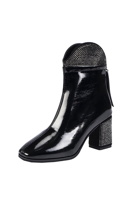 Women's Combat Ankle Boots Crystal Rhinestone Pointed Toe Chunky Block Heels Booties