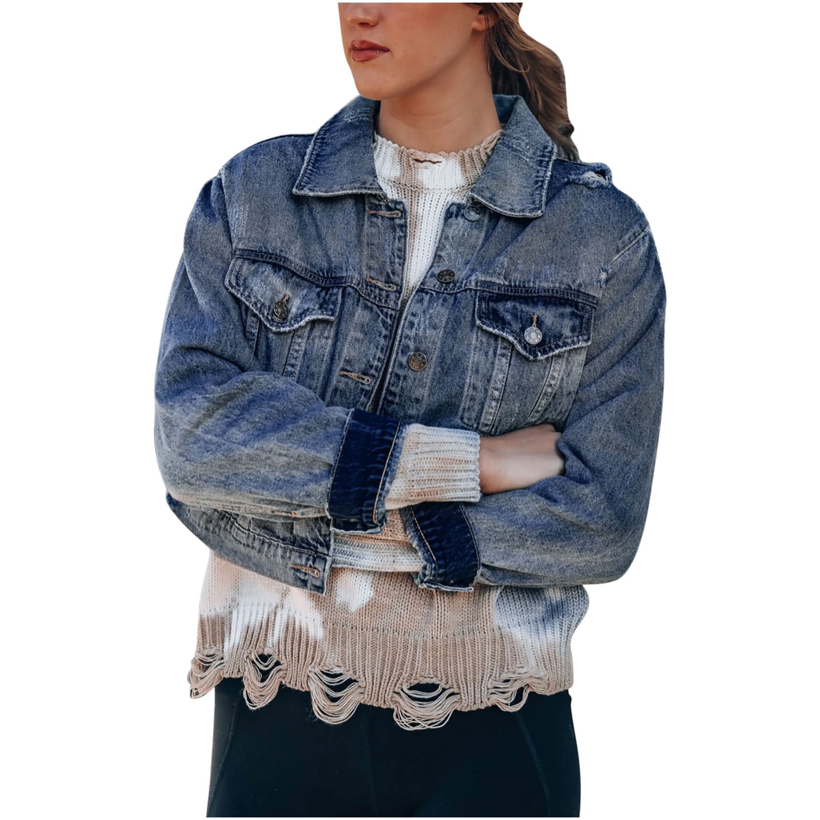 jsaierl Women's Crop Denim Jackets Oversize Long Sleeve Basic Button Down  Cropped Jean Jacket with Pockets