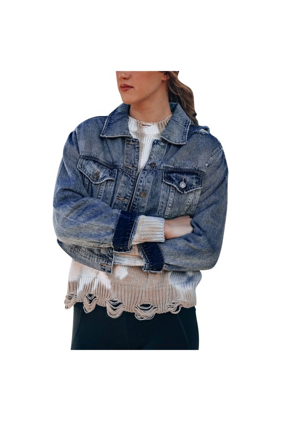 Women's Crop Denim Jackets Oversize Long Sleeve Basic Button Down Cropped Jean Jacket with Pockets