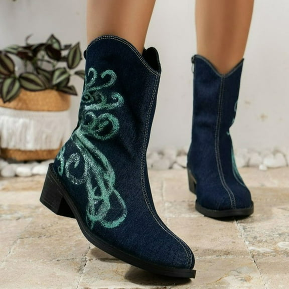 jsaierl Women's Embroidered Western Cowboy Boots Denim Stitched Mid Calf Chunky Heel Pull-Up Boots Pointed Toe Classic Cowgirl Short Booties