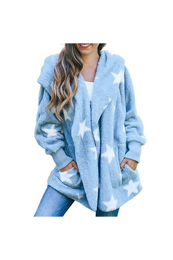 Women's Fashion Casual Hooded Pocket Five-pointed Star Cardigan Plush Stitching Jacket Coat