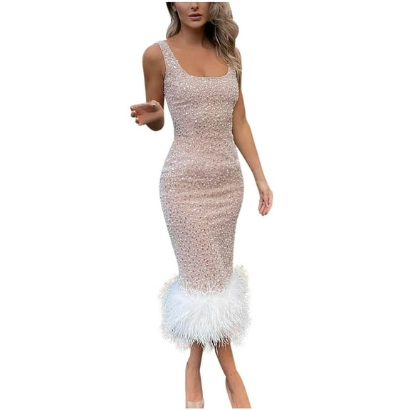 jsaierl Women's Fashion Crewneck Sequin Sleeveless Zipper Solid Mid-Claf Dress Party Dress Formal Dress Homecoming Dresses 2024