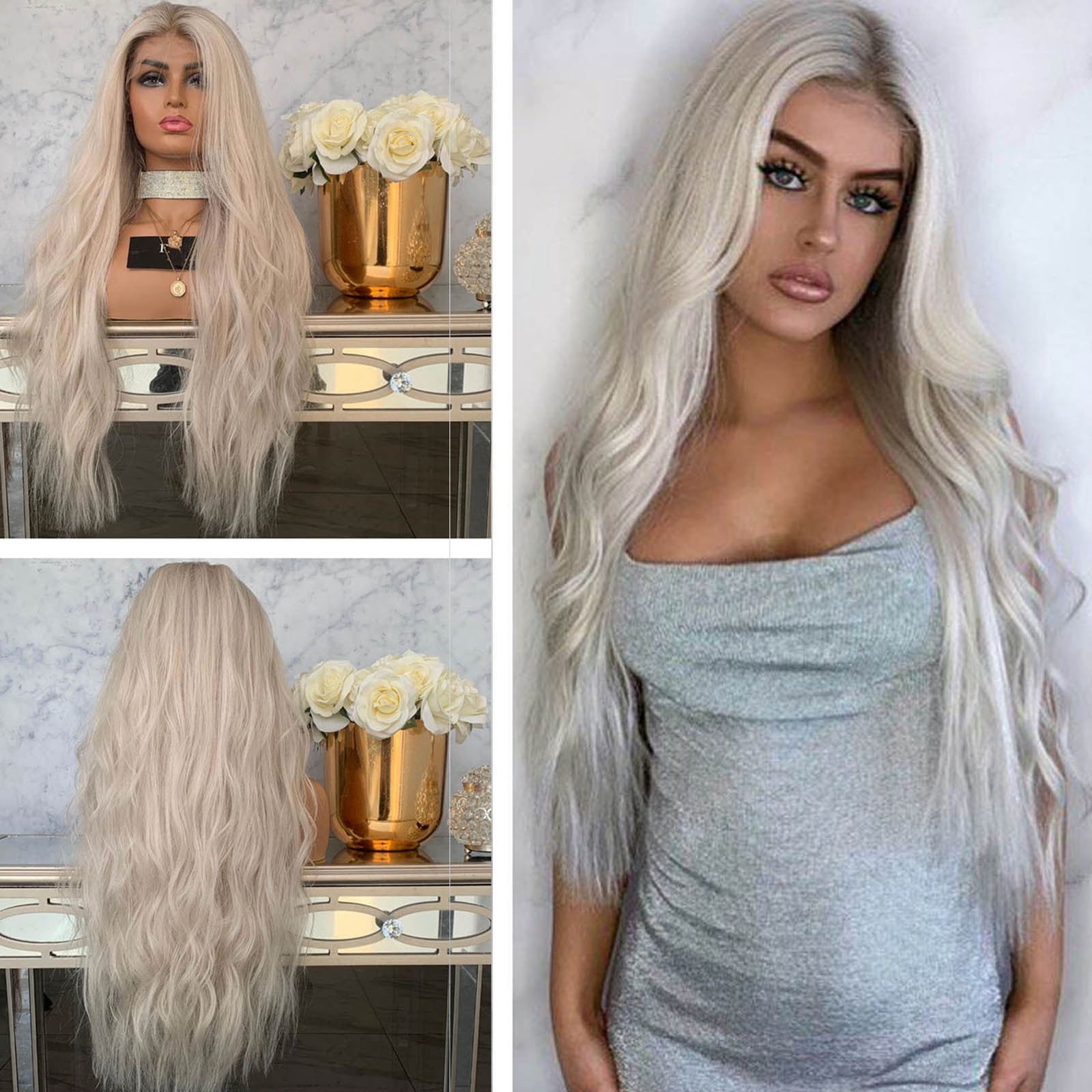 jsaierl Women's Fashion Front lace Wig Gray Synthetic Hair Long Wigs Wave  Curly Wig 