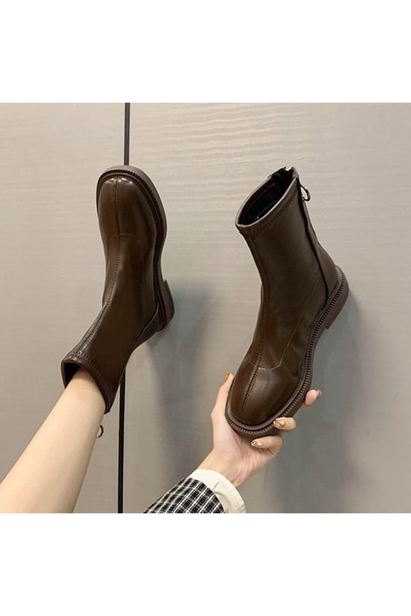 Women's Fashion Leather Ankle Booties Causal Side Zipper Flat Riding Boots 2025 Winter Slip on Low Heel Short Boots