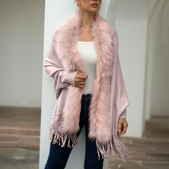 jsaierl Women's Faux Fur Collar Cardigan Sweater Elegant Batwing Long Sleeve Knit Cape Tassel Shawl Open Front Outerwear Cloak