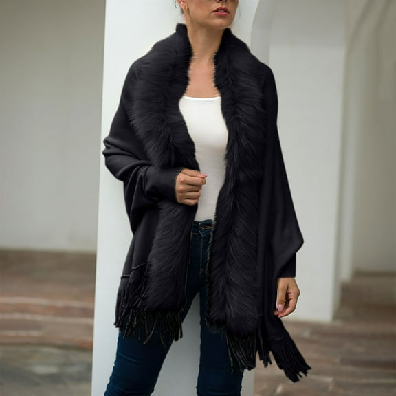 jsaierl Women's Faux Fur Collar Cardigan Sweater Elegant Batwing Long Sleeve Knit Cape Tassel Shawl Open Front Outerwear Cloak