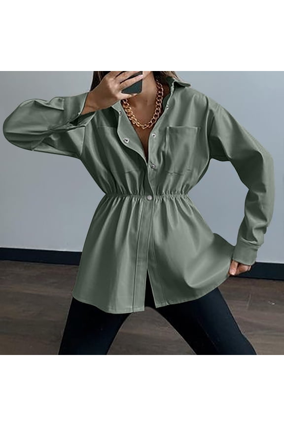 Women's Faux Leather Long Sleeve Ruched Button Down Shirt Blouse Top