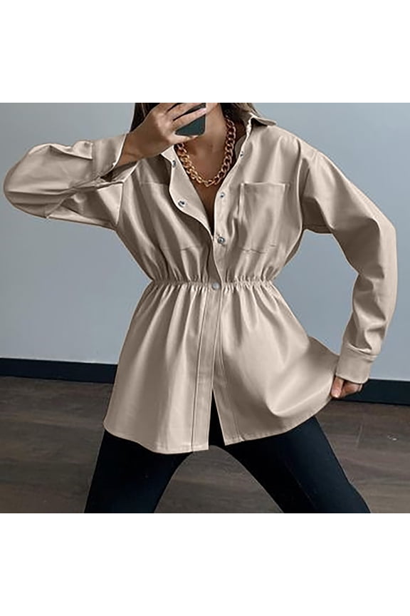 Women's Faux Leather Long Sleeve Ruched Button Down Shirt Blouse Top