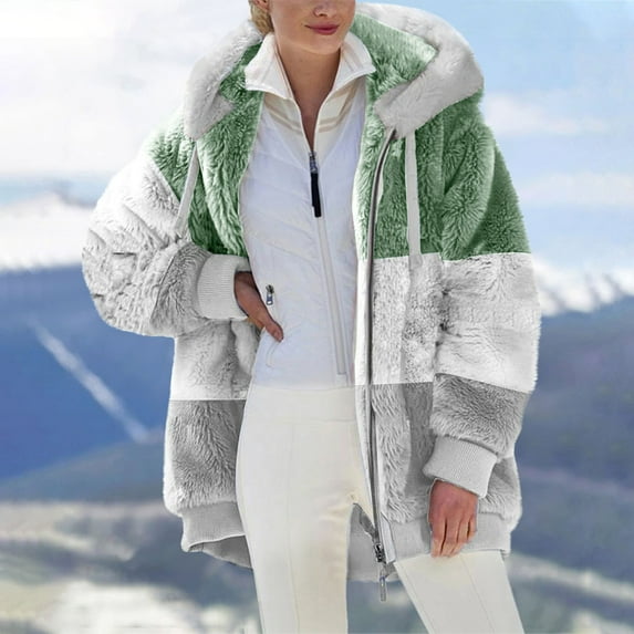 jsaierl Women's Fleece Jackets Zipper Sherpa Warm Jacket Comfy Color Block Long Sleeve Coats Winter Thicken Outerwear Jacket with Hood
