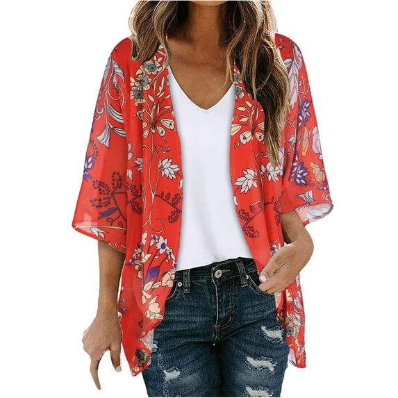 jsaierl Women's Floral Print Puff Sleeve Kimono Cardigan Loose Chiffon Cover Up Casual Blouse Tops