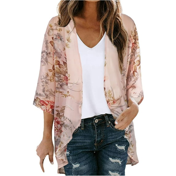 jsaierl Women's Floral Print Puff Sleeve Kimono Cardigan Loose Chiffon Cover Up Casual Blouse Tops