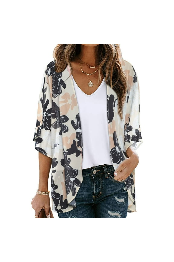 Women's Floral Print Puff Sleeve Kimono Cardigan Loose Cover Up Casual Blouse Tops