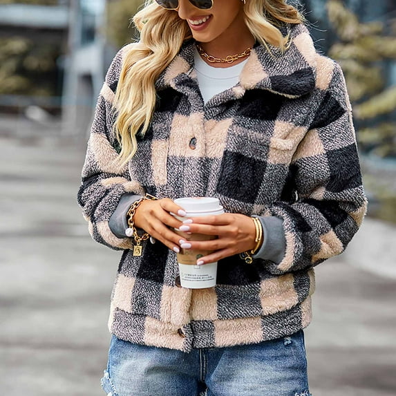 jsaierl Women's Fuzzy Fleece Jacket Casual Plaid Button Down Teddy Jacket Coat Outerwear